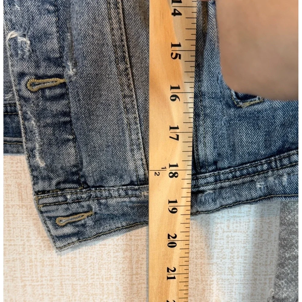 Free People Mixed Media Hooded Denim Jacket Blue Trucker Jacket •S• Boho Shacket - Picture 10 of 10
